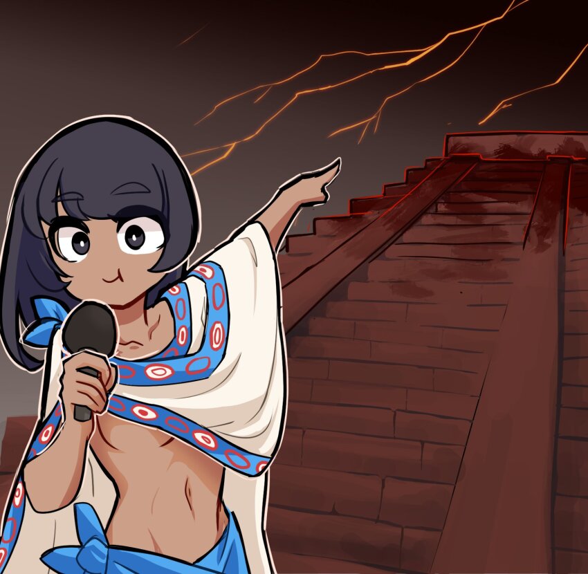 1girl architecture black_eyes black_hair blood breasts centurii-chan commentary dark-skinned_female dark_skin english_commentary highres lightning medium_breasts medium_hair mesoamerican_architecture microphone navel original pointing small_breasts solo underboob
