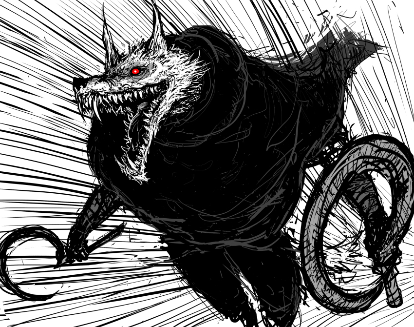 1boy animal_ears black_cloak cloak death_(puss_in_boots) dual_wielding furry furry_male glowing glowing_eyes highres holding holding_weapon hood hooded_cloak monochrome puss_in_boots:_the_last_wish red_eyes sharp_teeth shrek_(series) sickle solo spaghetti-bastard teeth weapon wolf_boy wolf_ears