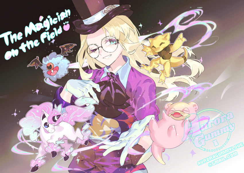 1boy abra ascot auroragummy avery_(pokemon) blonde_hair blue_eyes commentary_request email_address english_text eyelashes galarian_form galarian_ponyta gen_1_pokemon gen_5_pokemon gen_8_pokemon glasses gloves grin hat highres korean_commentary long_hair looking_at_viewer male_focus nintendo one_eye_closed outstretched_hand pokemon pokemon_(creature) pokemon_swsh purple_shirt round_eyewear shirt shorts slowpoke smile sparkle teeth top_hat watermark woobat