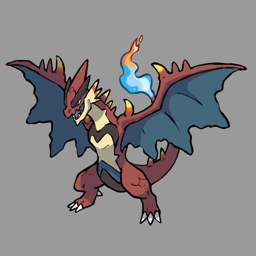 absurdres animal_focus charizard claws colored_sclera commentary creatures_(company) dragon dragon_tail dragon_wings english_commentary fakemon fire flame-tipped_tail full_body game_freak gen_1_pokemon grey_background highres lower_teeth_only monster_hunter_(series) nintendo no_humans open_mouth original pokemon pokemon_(creature) pokemon_focus rathalos red_eyes rgreywind scales sharp_teeth simple_background solo spikes tail teeth v-shaped_eyes wings yellow_sclera