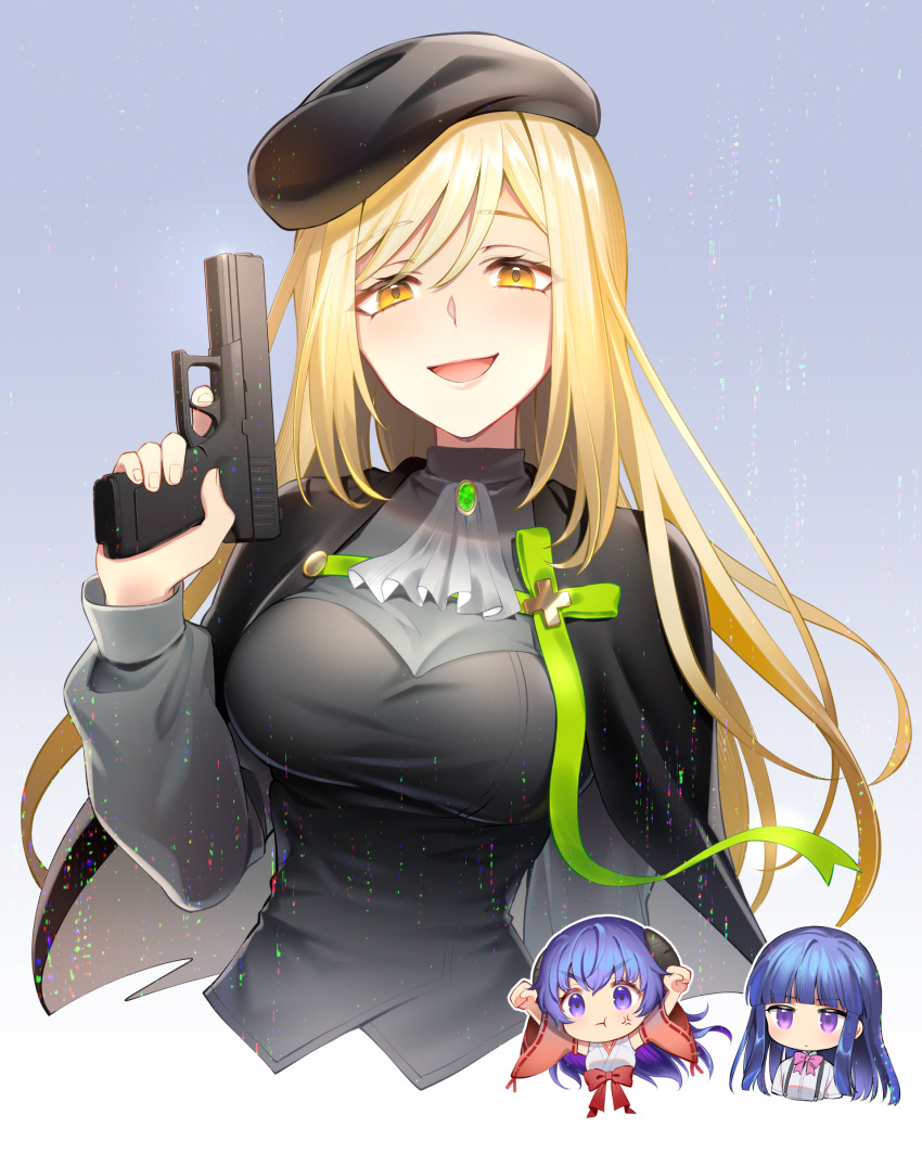 3girls :t absurdres anger_vein arms_up ascot beret black_cape black_dress black_hat blonde_hair blue_hair bow bowtie cape channu chibi chibi_inset clenched_hands closed_mouth demon_horns detached_sleeves dress furude_rika green_ribbon grey_ascot gun handgun hanyuu hat highres higurashi_no_naku_koro_ni holding holding_gun holding_weapon horns japanese_clothes jitome kimono long_hair multiple_girls open_mouth pink_bow pink_bowtie purple_eyes red_bow red_bowtie red_sleeves ribbon ribbon-trimmed_sleeves ribbon_trim shirt smile suspenders takano_miyo upper_body weapon white_kimono white_shirt yellow_eyes