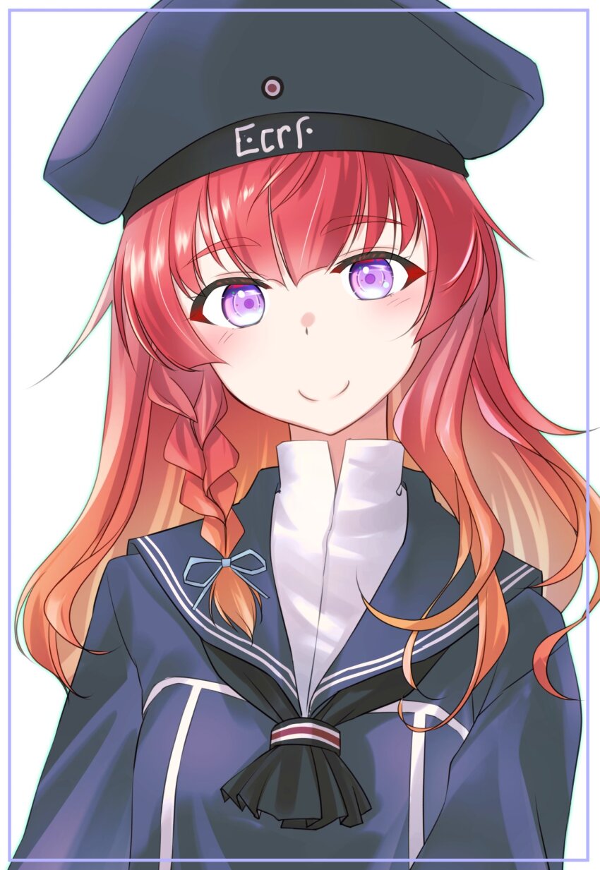1girl alternate_hair_length alternate_hairstyle black_necktie blue_dress blue_hat braid cosplay dress etorofu_(kancolle) gradient_hair hat highres kantai_collection long_hair multicolored_hair necktie orange_hair purple_eyes red_hair sailor_dress sailor_hat single_braid smile solo thick_eyebrows tsukasa_(tukasa_br) upper_body z1_leberecht_maass_(kancolle) z1_leberecht_maass_(kancolle)_(cosplay)