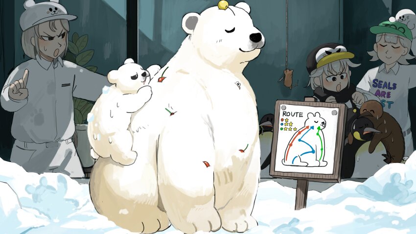 3girls absurdres bear bear_hat bird black_overalls black_scarf climbing clothes_writing commentary diva_(hyxpk) donut_stamp duck english_commentary green_hat grey_hair hat highres king_penguin mouse_(animal) multiple_girls overalls pants penguin penguin_hat penguin_keeper_(diva) plant polar_bear polar_bear_keeper_(diva) scarf seal_keeper_(diva) shirt short_hair slice_of_life snow sweat white_headwear white_pants white_shirt zoo zookeeper zookeepers_(diva)