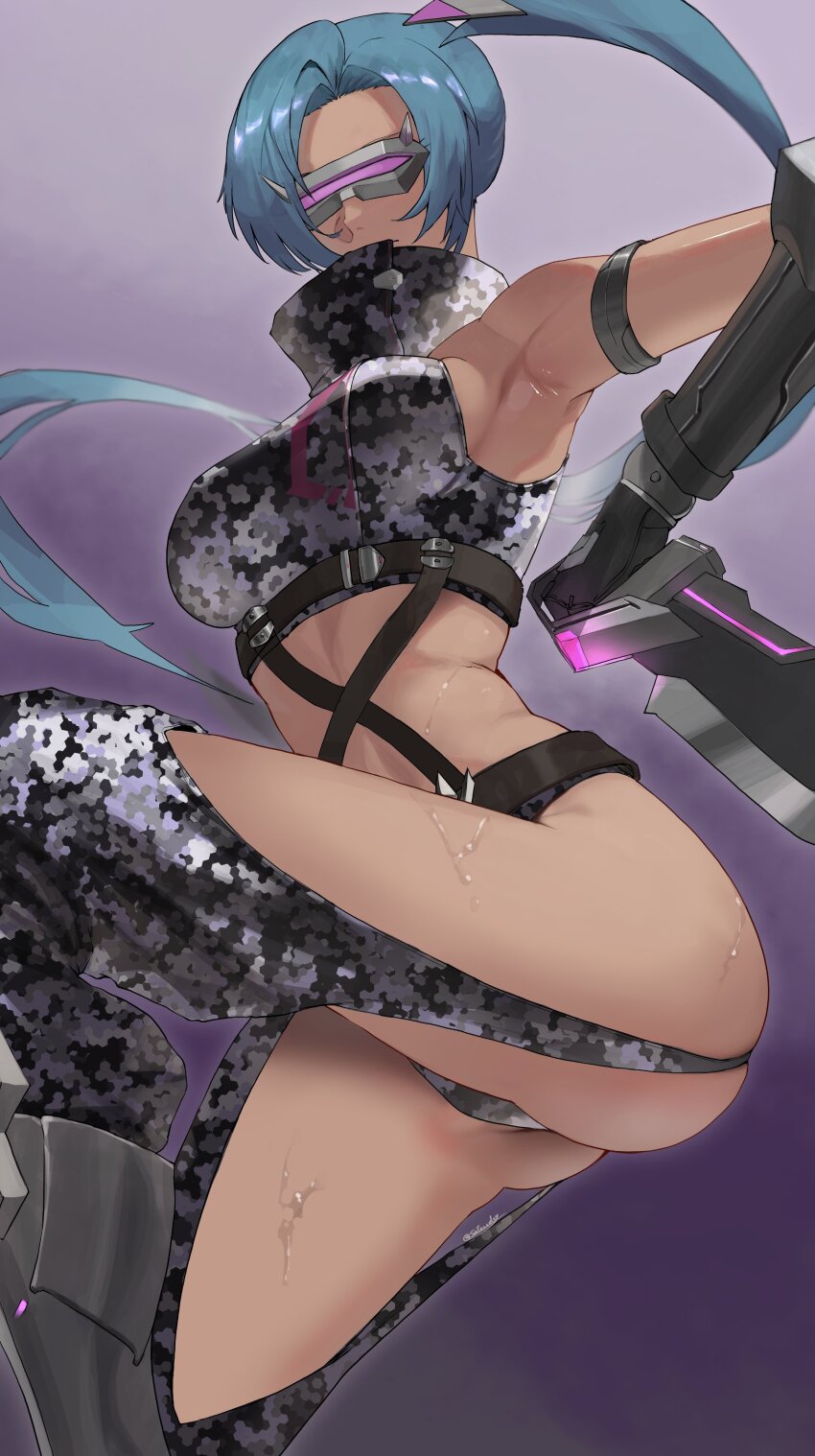1girl absurdres android armlet armpits ass belt blue_hair breasts brute_(girls&#039;_frontline) camouflage covered_eyes dark-skinned_female dark_skin detached_pants digital_camouflage dual_wielding expressionless girls&#039;_frontline head-mounted_display high_collar highres holding holding_knife jewelry knife long_hair metal_gloves midriff navel sangvis_ferri saturndxy side_ponytail skindentation sweat