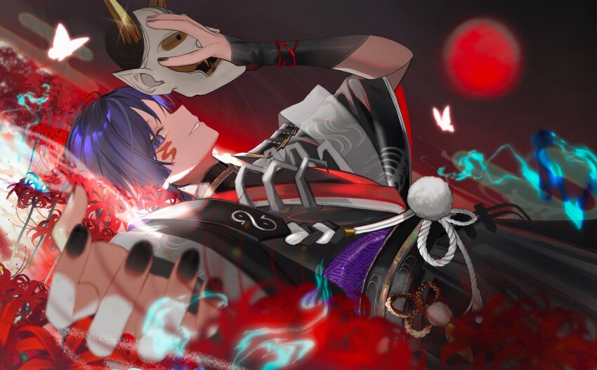 1boy adapted_costume alternate_costume alternate_universe armor black_kimono black_nails black_rope black_shorts black_sky black_sleeves blunt_ends bug butterfly chinese_knot facial_mark flower genshin_impact gold hakama hakama_shorts han&#039;eri hannya haori_himo highres holding holding_mask hoyofair insect japanese_armor japanese_clothes jewelry kimono kote kurokote layered_kimono layered_sleeves lying male_focus mask moon neck_ring noh_mask on_back open_clothes open_kimono outdoors purple_eyes purple_hair red_kimono red_moon red_sleeves rope rtms scaramouche_(genshin_impact) shimenawa shorts sky solo spider_lily three_quarter_view white_butterfly white_kimono white_rope white_sleeves