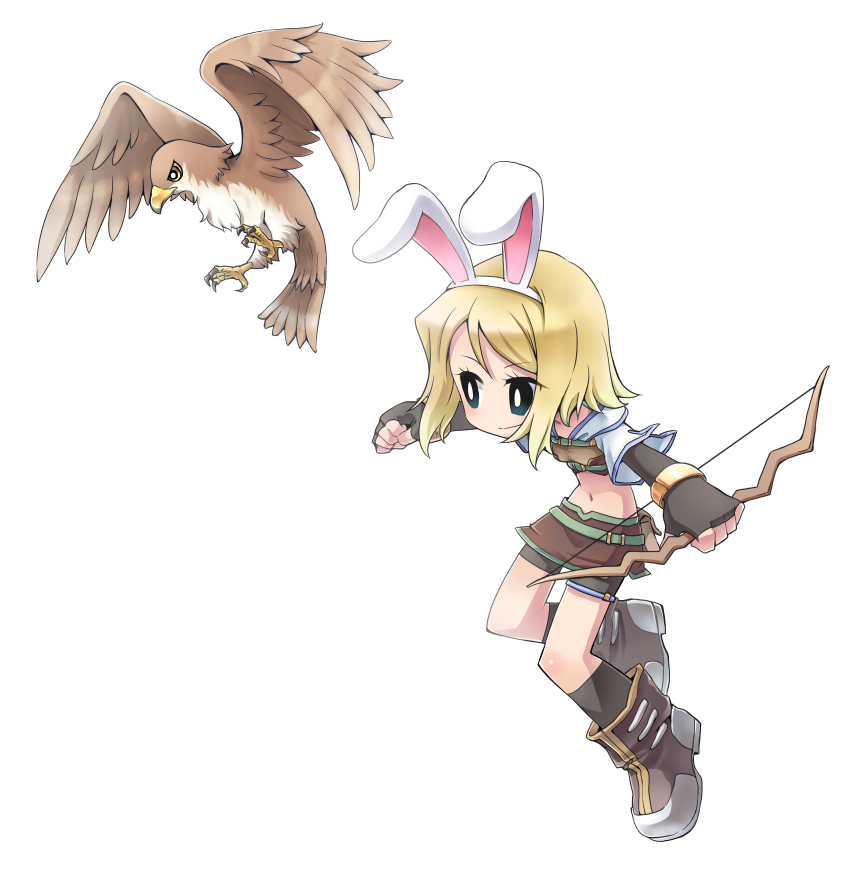1girl animal_ears bird black_gloves black_shorts black_socks blonde_hair boots bow_(weapon) breasts bright_pupils brown_boots brown_shirt brown_skirt closed_mouth commentary_request crop_top cropped_jacket elbow_gloves fake_animal_ears falcon fingerless_gloves full_body gloves green_eyes highres holding holding_bow_(weapon) holding_weapon hunter_(ragnarok_online) jacket midriff miniskirt navel rabbit_ears ragnarok_online shirt short_hair short_shorts short_sleeves shorts shorts_under_skirt simple_background skirt small_breasts smile socks solo weapon white_background white_jacket white_pupils yuru4u
