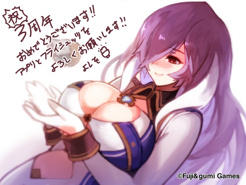 1girl absurdres anniversary artist_name breasts cleavage closed_mouth clothing_cutout commentary_request copyright_notice freischutz_(phantom_of_the_kill) hair_over_one_eye highres large_breasts long_hair official_art omori_yoshiwo phantom_of_the_kill purple_hair red_eyes second-party_source signature simple_background smile solo stomach_cutout