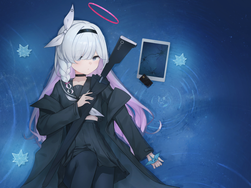 1girl absurdres black_choker black_coat black_eyes black_pantyhose black_serafuku black_shirt black_skirt blue_archive braid choker ciza_gomi closed_mouth coat colored_inner_hair grey_hair hair_over_one_eye hair_ribbon halo highres holding holding_umbrella long_hair long_sleeves looking_at_viewer lying multicolored_hair neckerchief off_shoulder on_back open_clothes open_coat origami pantyhose paper_crane pink_hair pink_halo plana_(blue_archive) ribbon school_uniform serafuku shirt side_braid skirt solo tablet_pc umbrella white_neckerchief white_ribbon