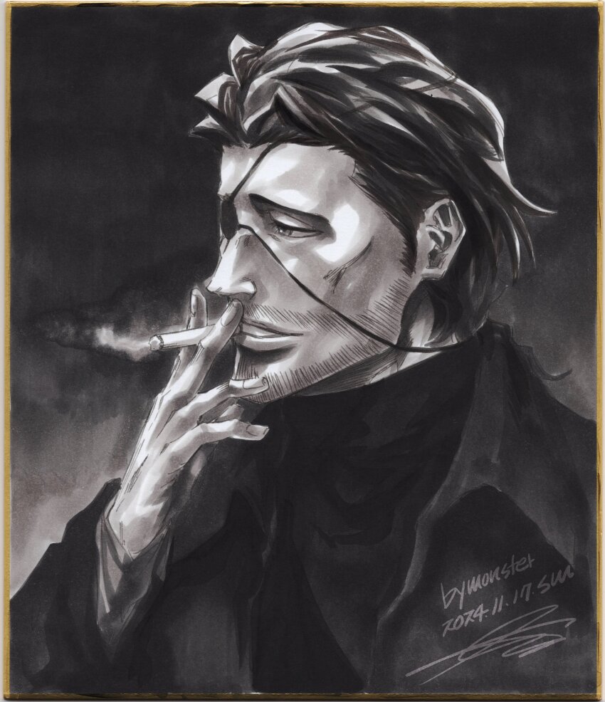 1boy 2024 absurdres artist_name beard bleach cigarette collared_jacket dated eyepatch facial_hair greyscale hand_up highres holding holding_cigarette jacket kyouraku_shunsui male_focus mature_male monochrome monster_art_(rlawnsgr7) portrait smoke smoking solo traditional_media turtleneck