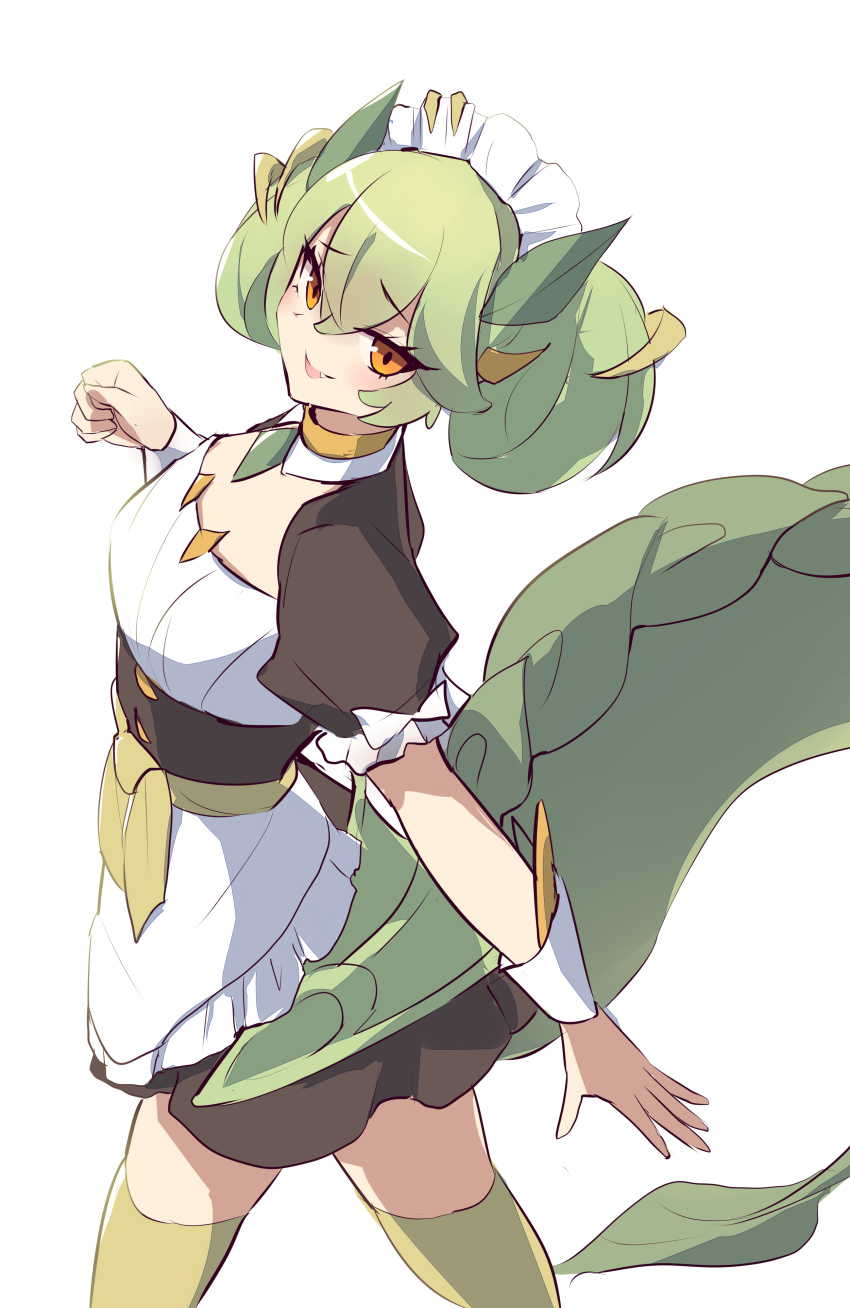 1girl absurdres apron breasts dragon_girl dragon_horns dragon_tail dragon_wings duel_monster frilled_apron frills green_hair green_thighhighs highres horns kanzakietc large_breasts looking_at_viewer maid maid_apron maid_headdress open_mouth orange_eyes parlor_dragonmaid short_hair short_sleeves simple_background smile solo tail thighhighs twintails waist_apron white_background wings wrist_cuffs yu-gi-oh! zettai_ryouiki