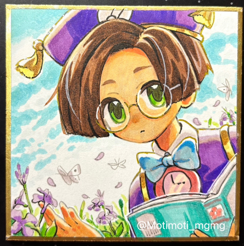1boy blue_bow blue_bowtie blue_sky blunt_ends book border bow bowtie brown_hair bug butterfly clock closed_mouth cloud day dot_nose dutch_angle expressionless falling_petals field flower glasses gold_trim gradient_border grass green_eyes hat hat_tassel holding holding_book insect jacket klug_(puyopuyo) looking_at_viewer male_focus motimoti_mgmg open_book open_hand outdoors petals purple_flower purple_hat purple_jacket purple_petals puyopuyo round_eyewear semi-rimless_eyewear short_hair side_part sky solo traditional_bowtie traditional_media under-rim_eyewear upper_body wind yellow_border