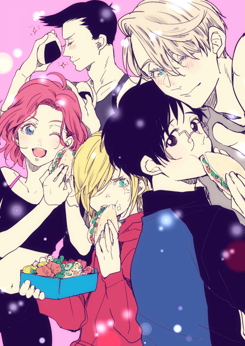 10s 1girl 4boys ;d anger_vein bad_id bad_pixiv_id black_hair blonde_hair blue_eyes blush brown_eyes crop_top eating closed_eyes food georgi_popovich glasses green_eyes hair_over_one_eye highres katsuki_yuuri midriff mila_babicheva multiple_boys one_eye_closed onigiri open_mouth red_hair saeko_(artist) sandwich silver_hair smile sparkle viktor_nikiforov yuri!!!_on_ice yuri_plisetsky