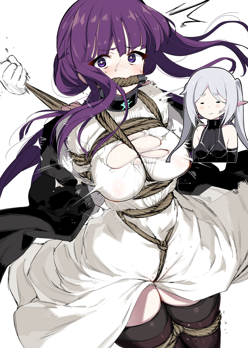 1other 2girls absurdres arms_behind_back bare_shoulders bdsm bit_gag black_jacket black_sleeves blunt_bangs blush blush_stickers bondage bound bound_arms bound_breasts bound_legs bound_torso breast_bondage breasts cleavage clenched_hand clenched_hands closed_eyes clothes_lift collar collared_dress crotch_rope detached_sleeves disembodied_hand dress dress_lift female_focus fern_(sousou_no_frieren) frieren gag gagged gloves highres improvised_gag jacket jacket_partially_removed kidnapped kidnapping kinbaku kinbakuman large_breasts long_hair long_sleeves looking_at_another looking_at_viewer looking_to_the_side medium_breasts motion_lines multiple_girls nervous nervous_sweating nipples off_shoulder pointy_ears purple_eyes rope_gag see-through_cleavage see-through_clothes see-through_dress shibari sidelocks simple_background skin_tight skindentation slave smile sousou_no_frieren sweat sweatdrop swept_bangs thighhighs thighs torn_clothes torn_dress twintails very_long_hair white_background white_dress white_gloves white_hair worried