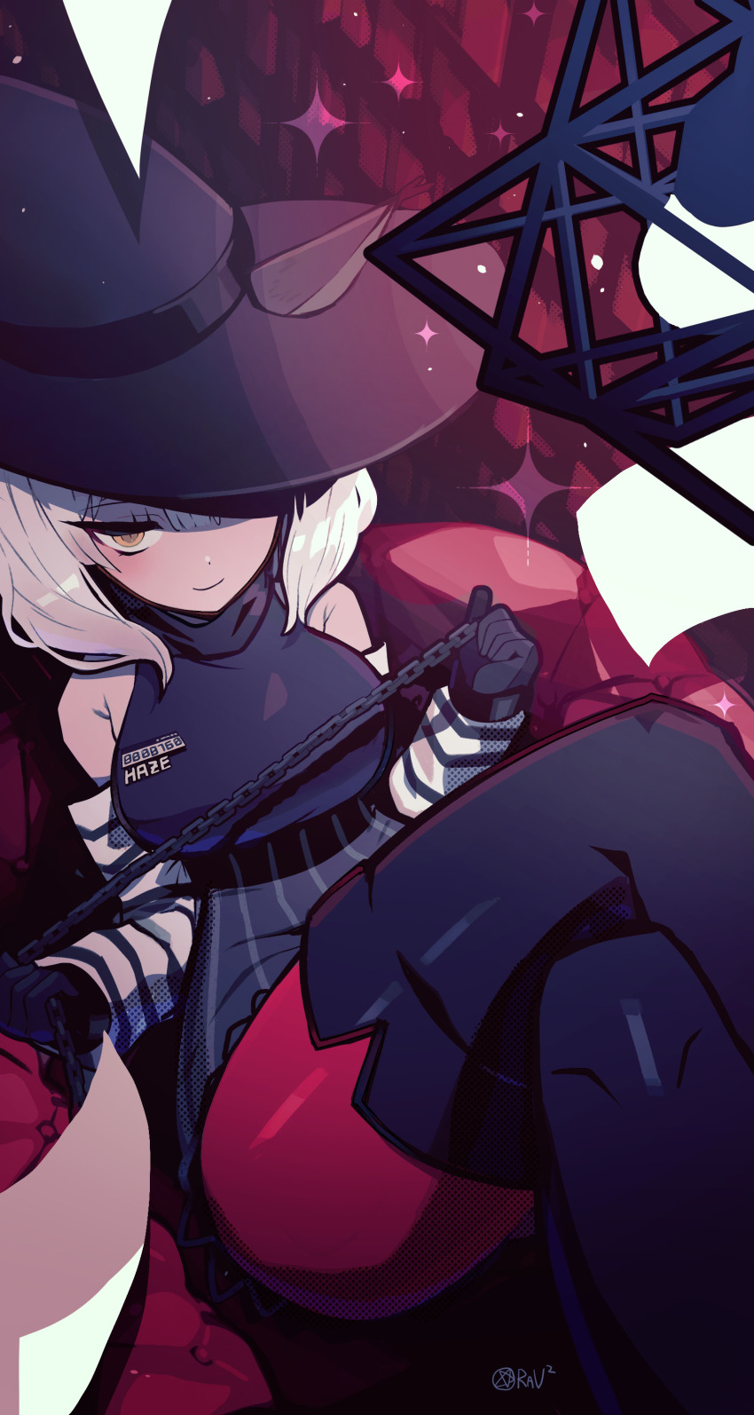 122pxsheol 1girl absurdres arknights black_boots black_hat black_shirt boots breasts chain closed_mouth crossed_legs detached_sleeves feet_out_of_frame hat haze_(arknights) high-waist_skirt highres holding holding_chain large_breasts light_blush looking_at_viewer one_eye_covered red_background red_thighhighs shirt short_hair skirt smile solo striped_clothes striped_skirt thigh_boots thighhighs turtleneck white_hair witch_hat yellow_eyes