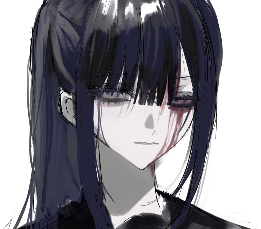 1girl akai_ringo_(eveyuno) black_hair blood bloody_tears blunt_bangs close-up half-closed_eyes high_ponytail highres looking_at_viewer original ponytail portrait white_background