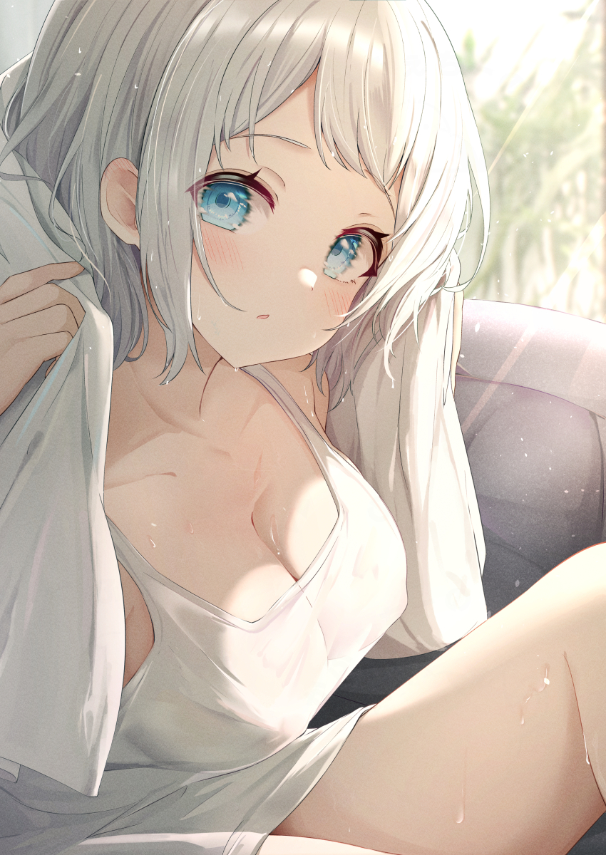 1girl absurdres bare_legs blue_eyes blush breasts camisole cleavage collarbone commentary_request gakuen_idolmaster grey_hair highres holding holding_towel idolmaster indoors katsuragi_lilja light_rays looking_at_viewer medium_breasts short_hair sky_cappuccino solo sunlight towel wet wet_hair white_camisole