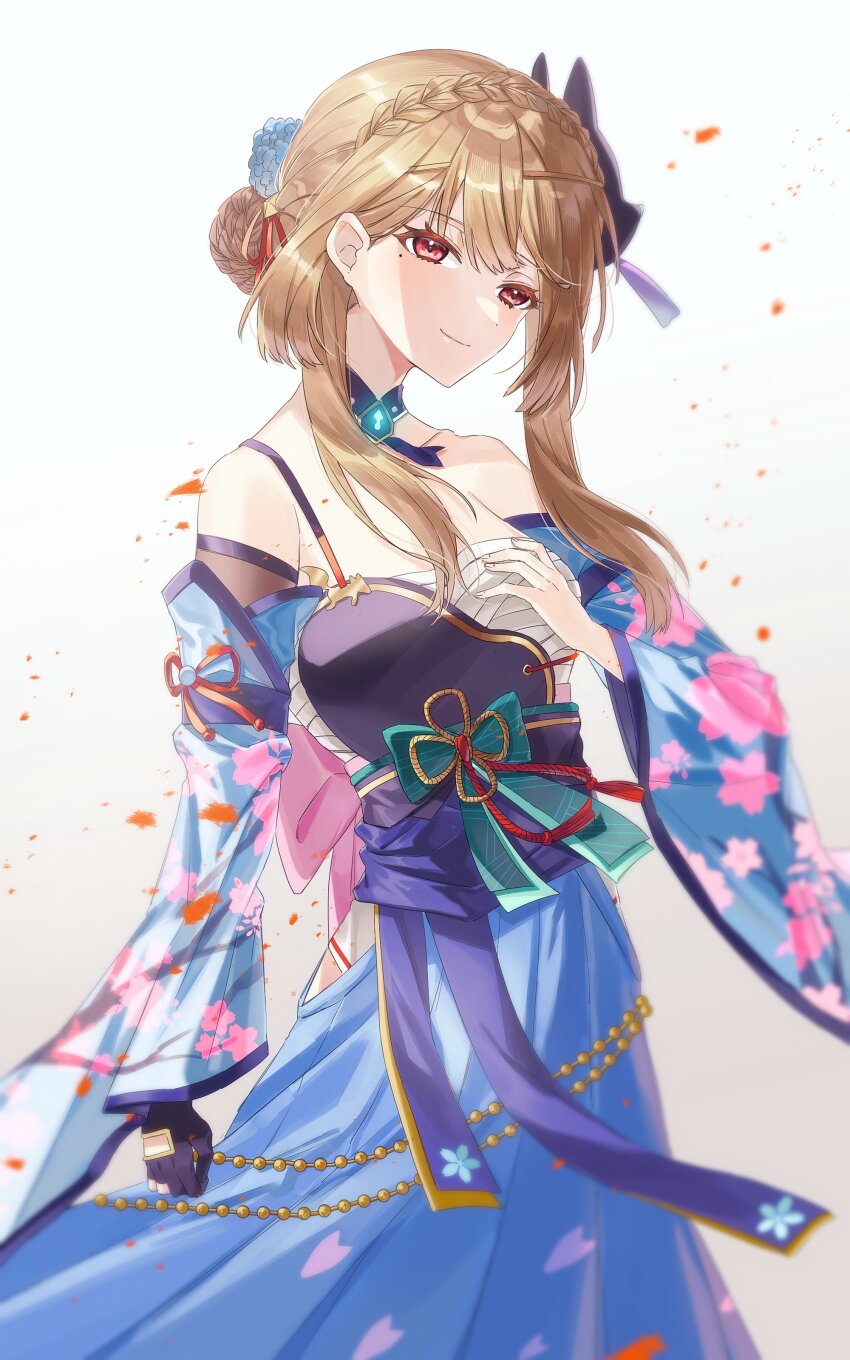 absurdres blue_skirt braid brown_hair chest_sarashi crown_braid floral_print fox_mask heaven_burns_red highres kiryuu_miya long_hair mask mask_on_head mole mole_under_eye muneate red_eyes sarashi sidelocks skirt thanasys wide_sleeves