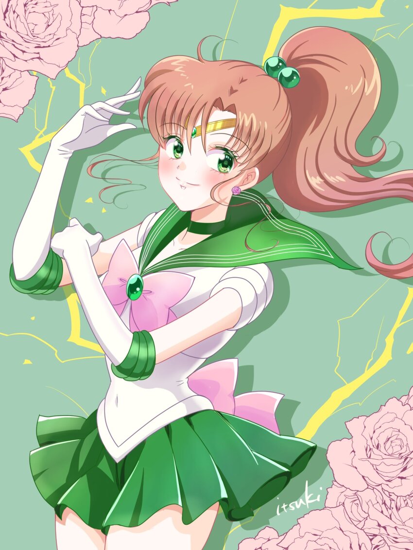 1girl artist_name bishoujo_senshi_sailor_moon bow brown_hair choker commentary_request cowboy_shot earrings elbow_gloves flower gloves green_background green_choker green_eyes green_sailor_collar green_skirt hair_bobbles hair_ornament highres jewelry kino_makoto long_hair looking_at_viewer magical_girl ponytail rose sailor_collar sailor_jupiter sailor_senshi_uniform shiiba_itsuki skirt smile tiara white_gloves