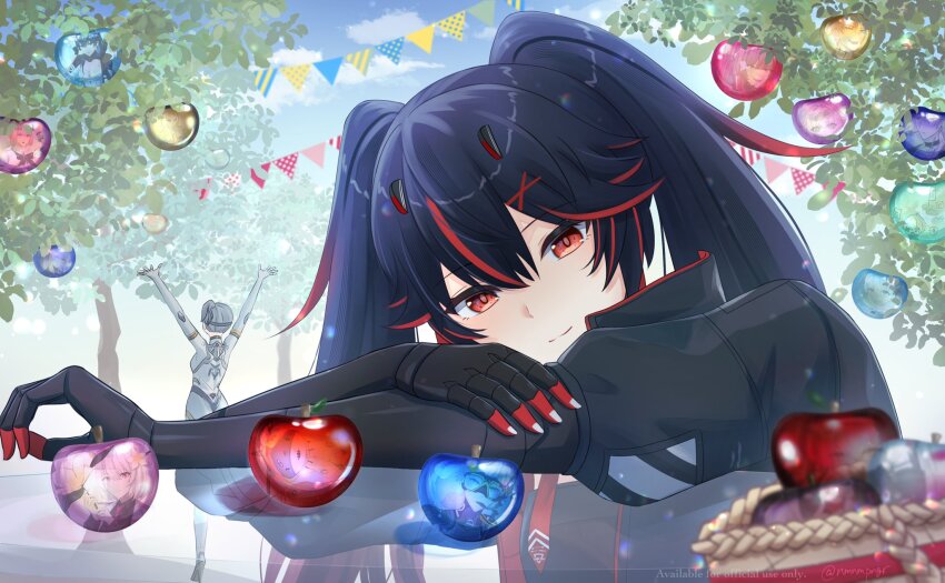 apple apple_tree ayla_(pgr) bambinata_(pgr) basket bianca:_veritas_(pgr) bianca_(pgr) black_hair blue_sky camu_(pgr) cloud flag food fruit hair_between_eyes highres kamui_(pgr) lee_(pgr) liv_(pgr) looking_at_viewer lucia:_plume_(pgr) lucia_(pgr) multicolored_hair nanami:_starfarer_(pgr) nanami_(pgr) nmnmpngr no._21_(pgr) noctis_(pgr) punishing:_gray_raven red_eyes red_streaks selena:_capriccio_(pgr) selena_(pgr) short_hair sky smile streaked_hair string_of_flags tree twintails vera_(pgr)