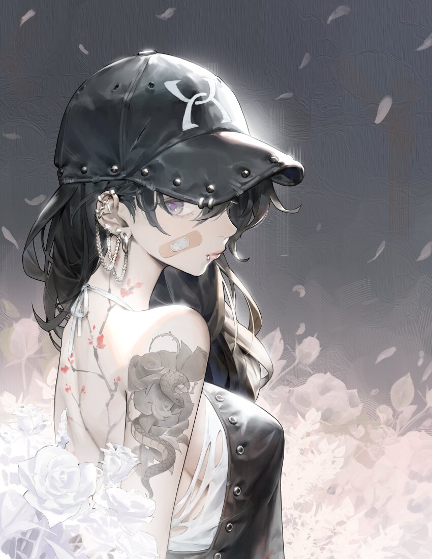 1girl absurdres arm_tattoo back_tattoo bandaid bandaid_on_face bare_back bare_shoulders black_hair black_hat colorful ear_piercing earrings falling_petals flower flower_tattoo hair_between_eyes hat highres jewelry jung_wonjo lip_piercing long_hair looking_at_viewer neck_tattoo original petals piercing purple_eyes serious sleeveless snake_tattoo solo tattoo upper_body white_flower