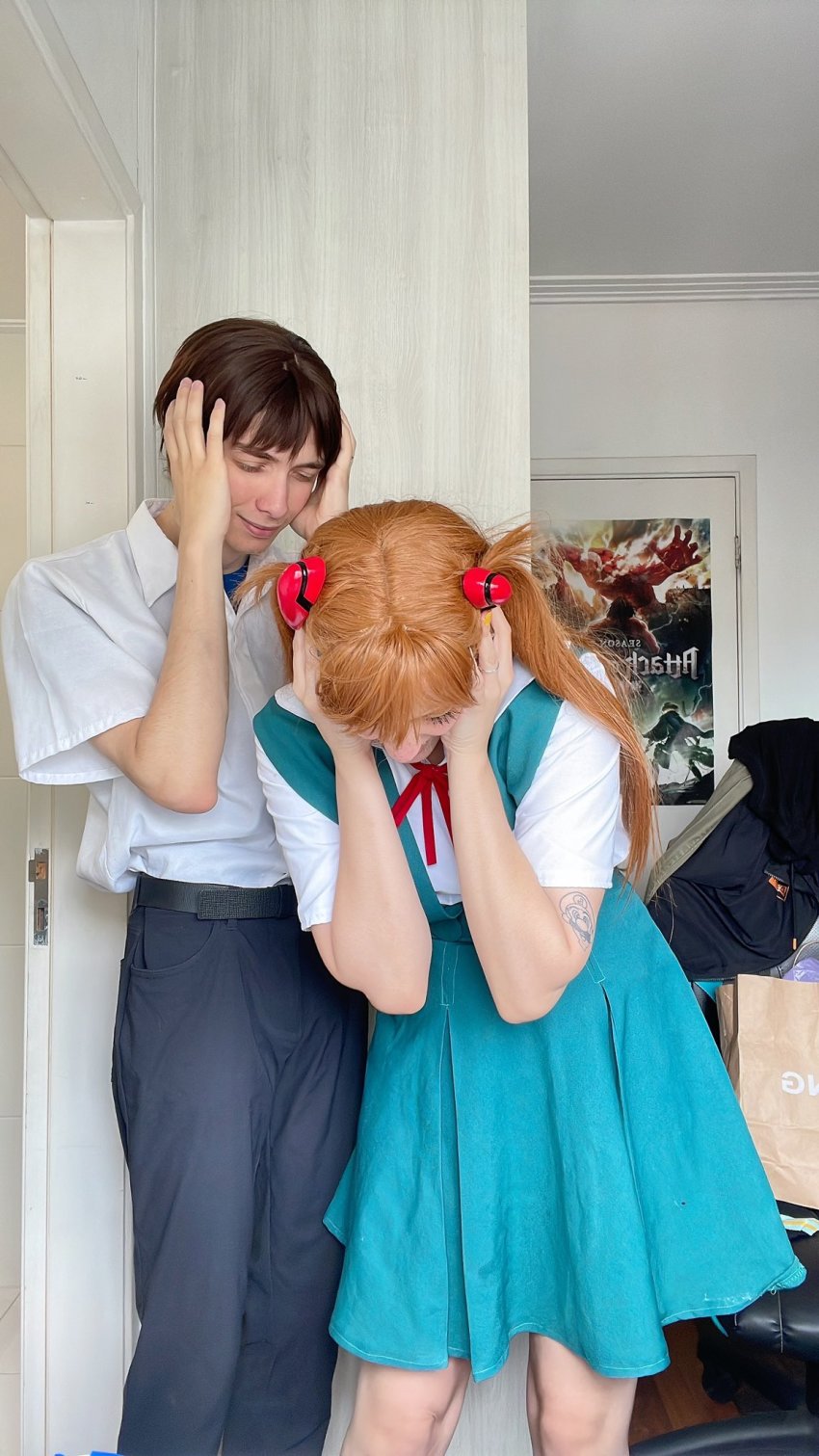 1boy 1girl brazilian_(nationality) brown_hair cosplay covering_face hairpods highres ikari_shinji ikari_shinji_(cosplay) interface_headset_(evangelion) lips memepantazis neon_genesis_evangelion photo_(medium) photo_(object) souryuu_asuka_langley souryuu_asuka_langley_(cosplay) standing twintails two_side_up