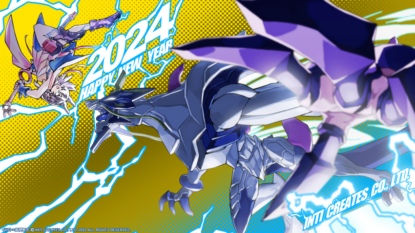 1girl 2024 azure_striker_gunvolt azure_striker_gunvolt_3 battle body_markings boots brown_hair dragon electricity english_text glowing glowing_eyes gunvolt happy_new_year highres holding holding_sword holding_weapon horns inti_creates kirin_(gunvolt) new_year official_art open_mouth robe short_hair simple_background sword upside-down weapon yellow_background yellow_robe