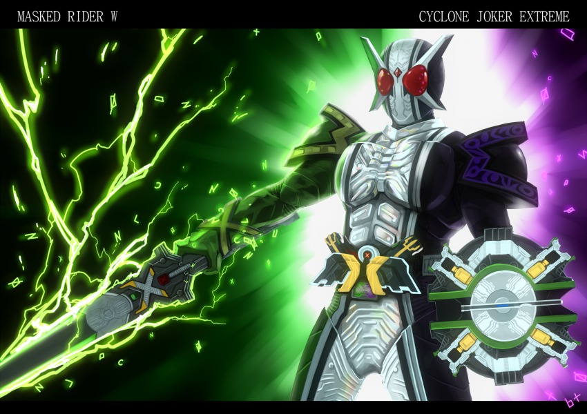 1boy bad_id bad_pixiv_id belt electricity electrified_sword electrified_weapon energy highres k_tsukumo kamen_rider kamen_rider_double kamen_rider_double_(cyclonejokerxtreme) kamen_rider_w male_focus shield solo sword weapon yanagi_ryuuta