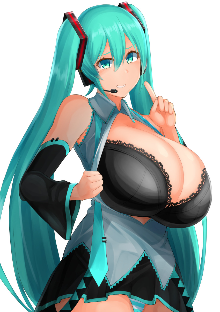 1girl absurdres aqua_eyes aqua_hair bra breasts cleavage detached_sleeves facominn female_focus grin hair_ornament hatsune_miku headset highres holding holding_unworn_clothes huge_breasts index_finger_raised long_hair looking_at_viewer matching_hair/eyes necktie open_clothes panties simple_background smile solo twintails underwear very_long_hair vocaloid white_background