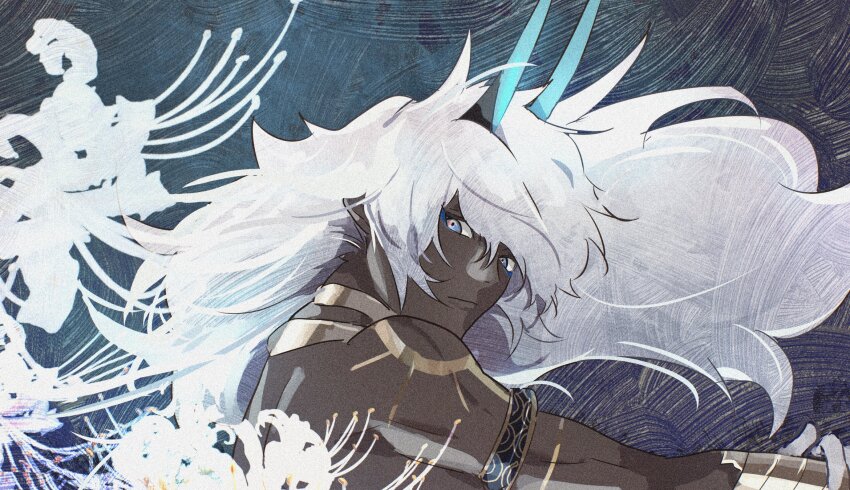1boy arjuna_(fate) arjuna_alter_(fate) armlet blue_eyes blue_eyeshadow blue_horns dark-skinned_male dark_skin eyeshadow fate/grand_order fate_(series) hair_between_eyes highres horns jewelry koroponsu3 long_hair looking_at_viewer makeup male_focus necklace solo upper_body white_hair