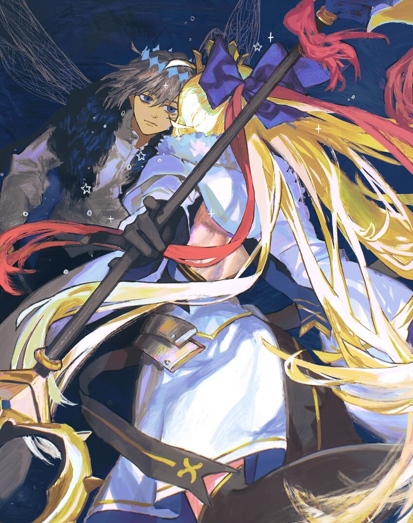 1boy 1girl ahoge artoria_caster_(fate) artoria_caster_(third_ascension)_(fate) artoria_pendragon_(fate) backless_dress backless_outfit black_gloves blonde_hair blue_bow blue_eyes bow capelet cherroppi closed_mouth diamond_hairband dragonfly_wings dress expressionless fate/grand_order fate_(series) floating_hair from_behind gloves grey_hair hair_bow highres holding holding_sword holding_weapon long_hair long_sleeves looking_at_another marmyadose_(fate) oberon_(fate) oberon_(third_ascension)_(fate) ponytail short_hair sword very_long_hair weapon white_capelet white_dress wings