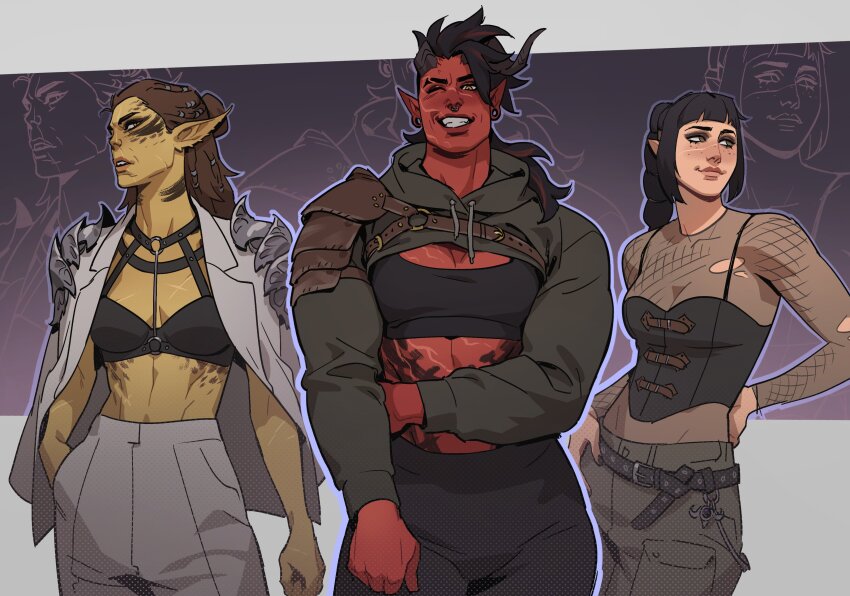 3girls ;d absurdres alternate_costume arm_across_waist arm_at_side armor baldur&#039;s_gate baldur&#039;s_gate_3 belt black_bra black_hair black_pants black_sports_bra blunt_bangs bodice bra braid braided_ponytail breasts broken_horn brown_hair chest_belt cleavage colored_skin commentary contemporary cowboy_shot curled_horns demon_girl demon_horns dungeons_&amp;_dragons dungeons_&amp;_dragons elf english_commentary fishnet_top fishnets freckles gith_(dungeons_&amp;_dragons) green_eyes green_skin grey_background grey_pants grin hair_bun hand_in_pocket hand_on_back highres horns jacket jacket_on_shoulders karlach lady_santos lae&#039;zel long_hair looking_at_viewer looking_to_the_side medium_breasts medium_hair midriff multicolored_hair multiple_braids multiple_girls muscular muscular_female nose_piercing nose_ring o-ring one_eye_closed open_mouth outline pants parted_lips pauldrons piercing pocket pointy_ears purple_outline red_hair red_skin scar scar_on_chest scar_on_face shadowheart_(baldur&#039;s_gate) shoulder_armor shrug_(clothing) single_braid single_hair_bun single_pauldron slit smile sports_bra standing streaked_hair swept_bangs tiefling torn_clothes two-tone_hair underwear white_jacket white_pants yellow_eyes