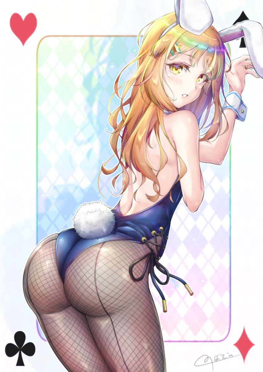 1boy androgynous animal_ears ass bare_shoulders blonde_hair blush card crossdressing curvy embarrassed fake_animal_ears fishnet_pantyhose fishnets from_behind girly_boy highleg highleg_leotard highres huge_ass leotard long_hair looking_at_viewer looking_back male_focus male_playboy_bunny natsusora_wakana novady original pantyhose playboy_bunny playing_card rabbit_ears rabbit_tail shiny_clothes shiny_skin solo tail thighs trap wide_hips yellow_eyes