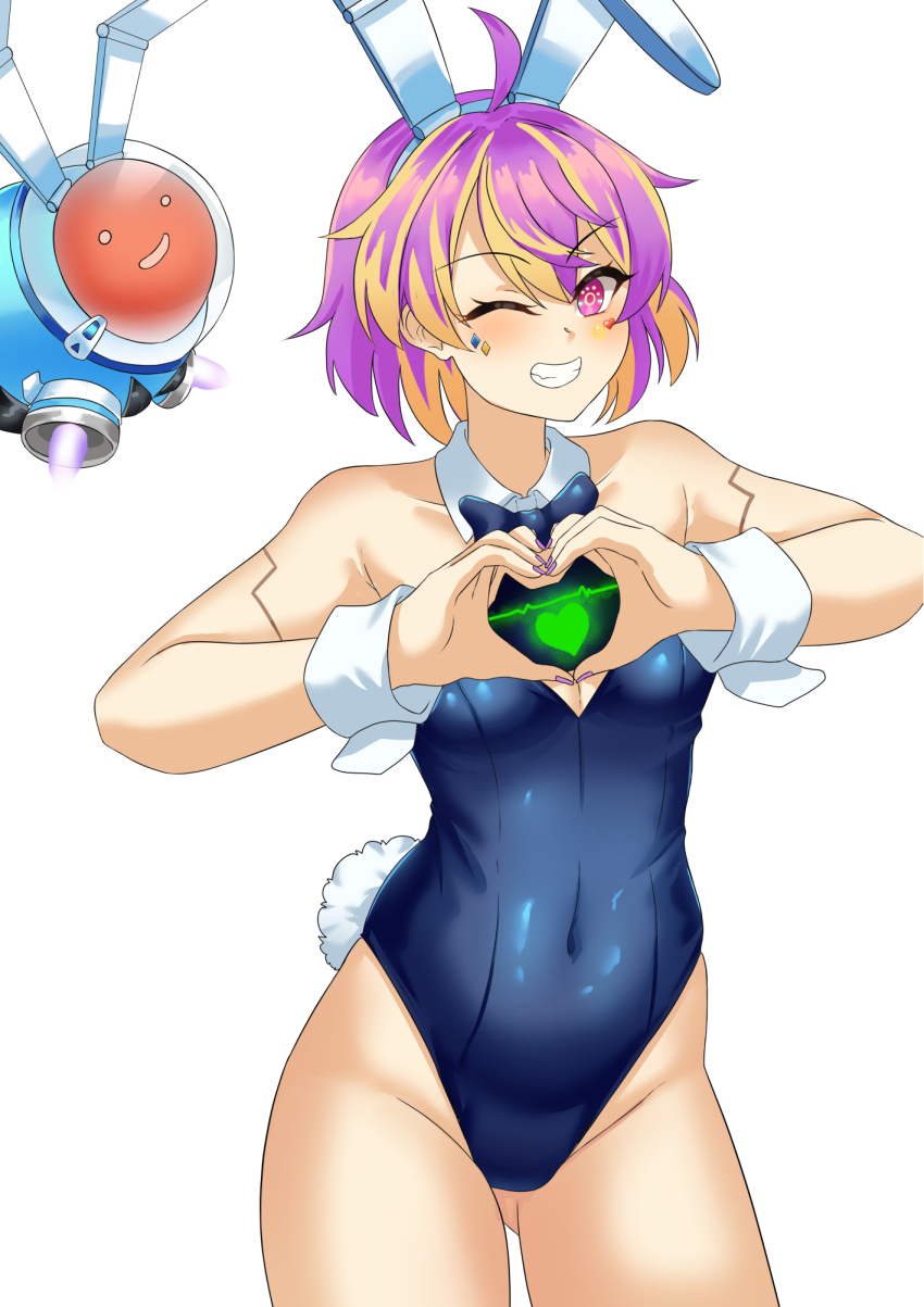 1girl ahoge animal_ears arm_cuffs aurix_&quot;rixxy&quot;_brightful blonde_hair blue_bow blue_bowtie blue_leotard bow bowtie cardiogram closed_mouth collar commentary detached_collar dr._fish_(aurix_&quot;rixxy&quot;_brightful) english_commentary facial_mark fake_animal_ears grin heart heart_facial_mark heart_hands highres leotard multicolored_hair navel nexas_(vtuber) one_eye_closed pink_eyes pink_nails playboy_bunny puffywaffles purple_hair rabbit_ears rabbit_tail short_hair simple_background smile tail two-tone_hair virtual_youtuber white_background white_collar