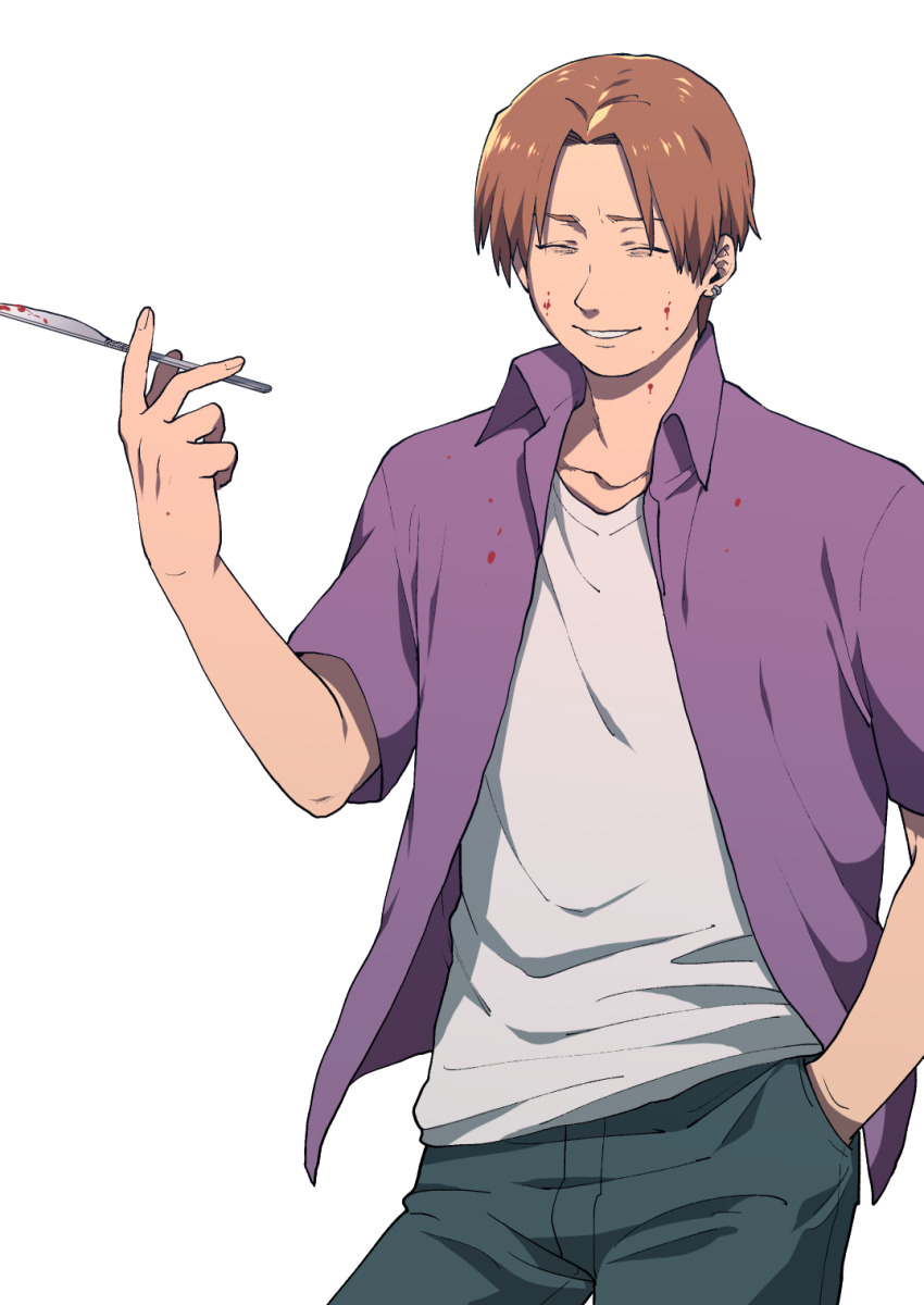 1boy blood blood_on_clothes blood_on_face brown_hair closed_eyes collarbone cowboy_shot earrings fate/zero fate_(series) fingernails grey_pants grin hand_in_pocket highres holding holding_knife jewelry knife male_focus masuiiizo pants shirt short_hair short_sleeves simple_background smile uryuu_ryuunosuke white_background white_shirt