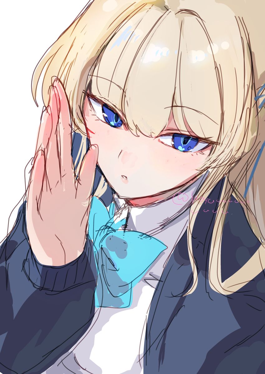 1girl absurdres blonde_hair blue_archive blue_bow blue_cardigan blue_eyes bow cardigan close-up hair_between_eyes highres koyuuuuuuuuuuu long_hair looking_at_viewer official_alternate_costume official_alternate_hairstyle parted_lips shirt solo toki_(blue_archive) toki_(school_uniform)_(blue_archive) upper_body white_shirt