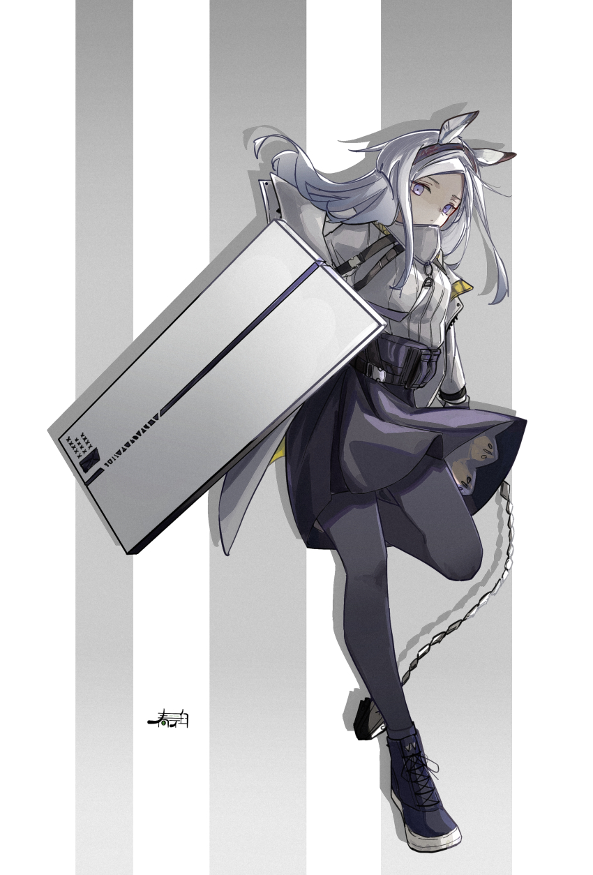 1girl absurdres animal_ears arknights closed_mouth commentary_request expressionless flail full_body grey_background grey_hair harukan_tiusu heavyrain_(arknights) high-waist_skirt highres holding holding_shield holding_weapon long_hair looking_at_viewer pantyhose parted_bangs pleated_skirt purple_eyes purple_pantyhose purple_shoes purple_skirt shield shoes signature skirt sneakers solo strap sweater weapon white_background white_sweater