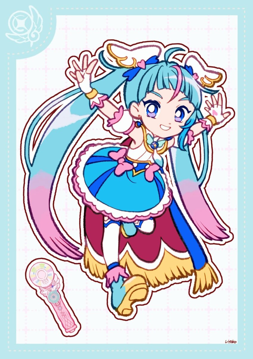 1girl ahoge aqua_bow aqua_bowtie bare_shoulders blue_boots blue_border blue_bow blue_cape blue_eyes blue_hair blue_skirt blunt_bangs boots border bow bow_skirt bowtie bracelet bright_pupils brooch buttons cape circle_skirt collared_shirt cure_sky deformed detached_sleeves dot_nose dotted_line earrings eyelashes fingerless_gloves frilled_skirt frilled_sleeves frills fringe_trim full_body gloves gold_bracelet gradient_hair grid_background grin hair_bow hair_ornament happy heart heart_hair_ornament heart_print high-waist_skirt high_collar high_heel_boots high_heels highres hirogaru_sky!_precure jewelry knee_up lace lace-trimmed_skirt lace_trim leaning_forward long_hair looking_at_viewer magical_girl microphone miniskirt multicolored_hair necktie outline outstretched_arms pink_bow pink_hair precure puffy_short_sleeves puffy_sleeves red_cape running shirt short_sleeves side_cape signature skirt sleeveless sleeveless_shirt smile solo sora_harewataru sphere_earrings streaked_hair tareme thighhighs twintails two-sided_cape two-sided_fabric two-tone_hair uwded_207 very_long_hair white_background white_gloves white_necktie white_outline white_pupils white_shirt white_sleeves white_thighhighs wing_hair_ornament