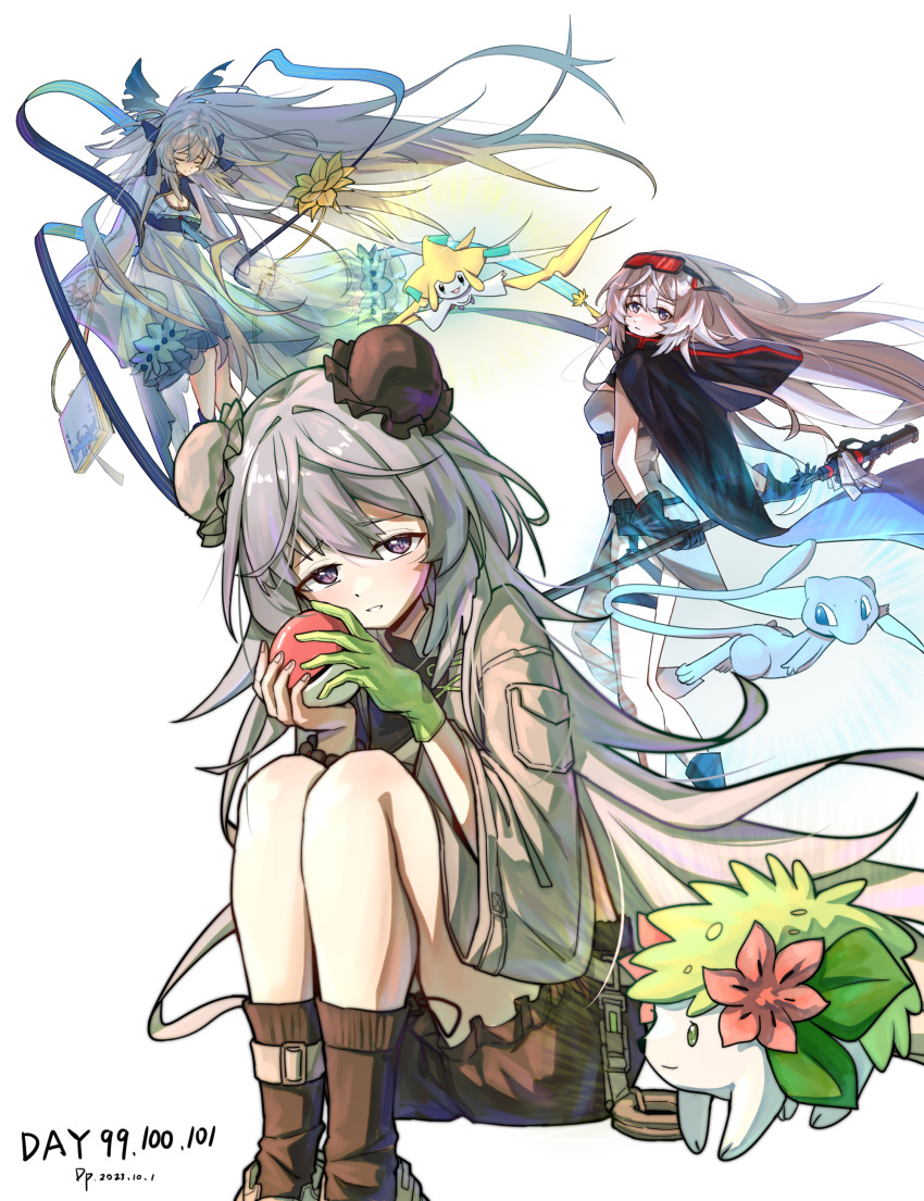 1girl absurdres alternate_color arknights black_bloomers black_cape black_gloves black_socks bloomers blue_dress blush bun_cover cape closed_eyes commentary_request crossover dated double_bun dress feathered_wings feathers gaoling_gangqin gen_1_pokemon gen_3_pokemon gen_4_pokemon gloves gradient_clothes gradient_dress green_gloves grey_eyes hair_bun head_wings highres holding holding_poke_ball holding_staff jirachi legendary_pokemon long_hair long_sleeves looking_at_viewer mew_(pokemon) mulberry_(arknights) multiple_views mythical_pokemon nintendo poke_ball poke_ball_(basic) pokemon pokemon_(creature) shaymin shaymin_(land) shiny_pokemon simple_background single_glove sitting sleeves_past_fingers sleeves_past_wrists socks staff underwear very_long_hair very_long_sleeves white_background white_feathers white_hair white_wings wings