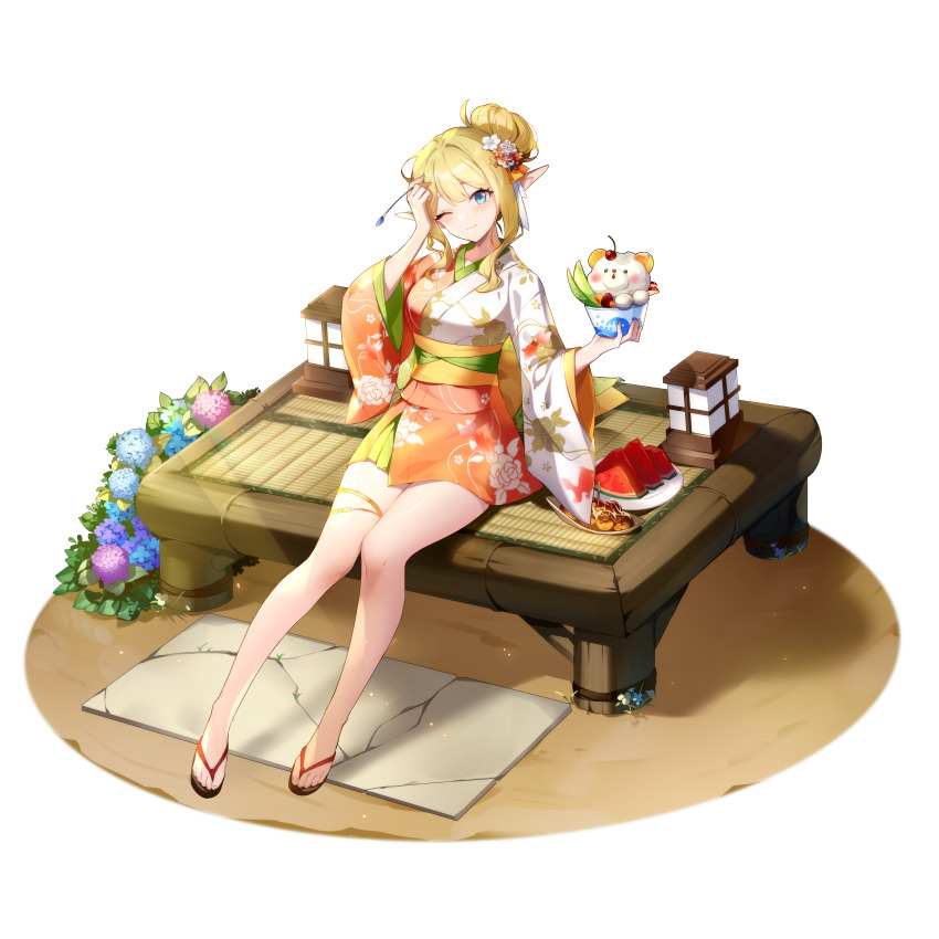 1girl absurdres bare_legs blonde_hair blue_eyes blue_flower blush brain_freeze breasts chloe_(eversoul) elf eversoul flower food fruit full_body game_cg hair_bun hair_flower hair_ornament highres holding holding_food holding_spoon japanese_clothes kimono lamp long_sleeves looking_at_viewer medium_breasts official_alternate_costume official_alternate_hairstyle official_art one_eye_closed orange_kimono pointy_ears purple_flower shaved_ice short_hair sitting slippers smile solo spoon tachi-e takoyaki tatami thigh_strap transparent_background watermelon watermelon_slice yukata