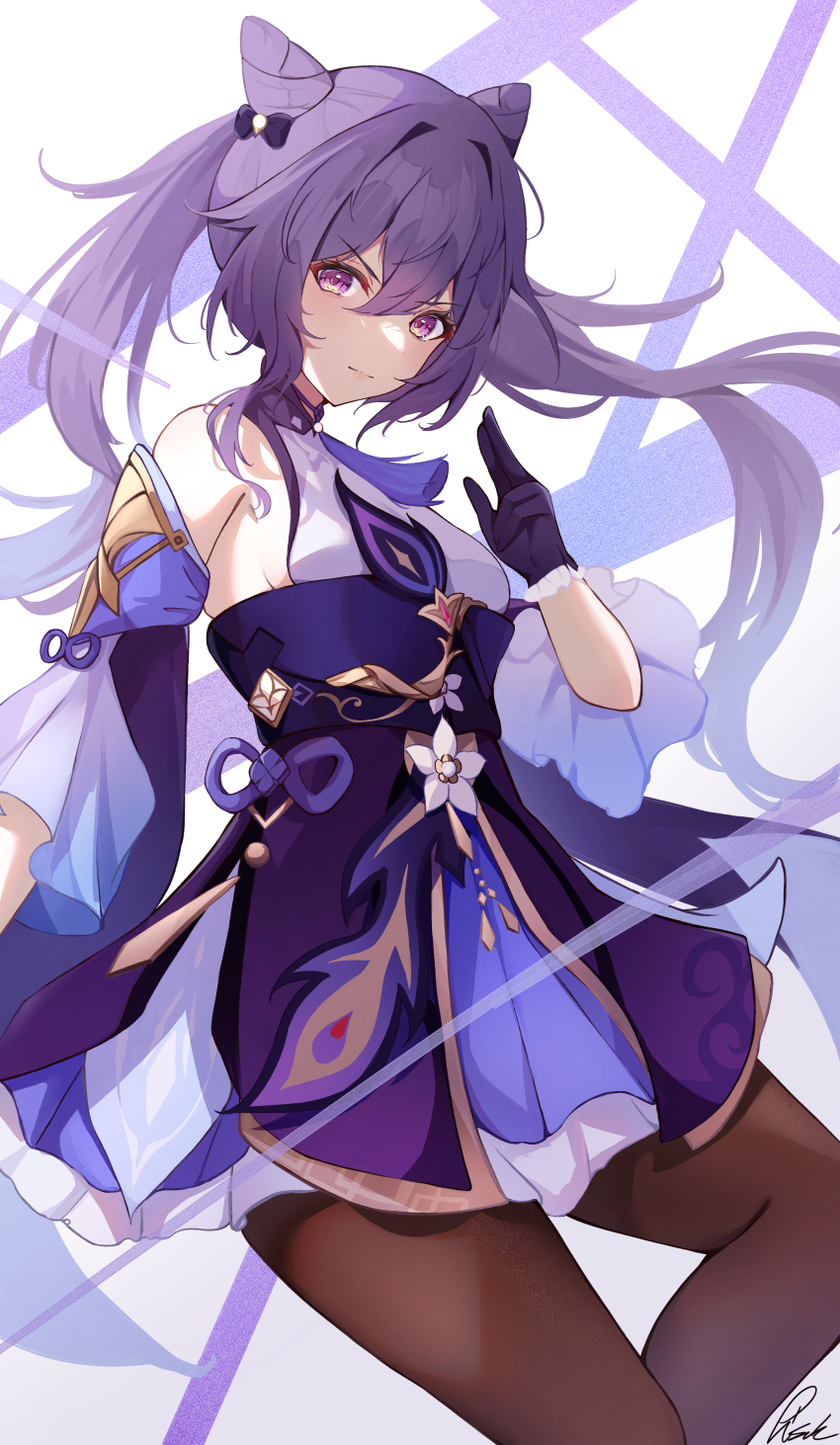 1girl absurdres bare_shoulders breasts brown_pantyhose chinese_clothes cone_hair_bun cowboy_shot detached_sleeves double_bun dress genshin_impact gloves hair_between_eyes hair_bun head_tilt highres keqing_(genshin_impact) long_hair looking_at_viewer medium_breasts neck_tassel pantyhose pisuke_(user_kcmh2774) purple_dress purple_eyes purple_gloves purple_hair solo tassel twintails v-shaped_eyebrows white_background