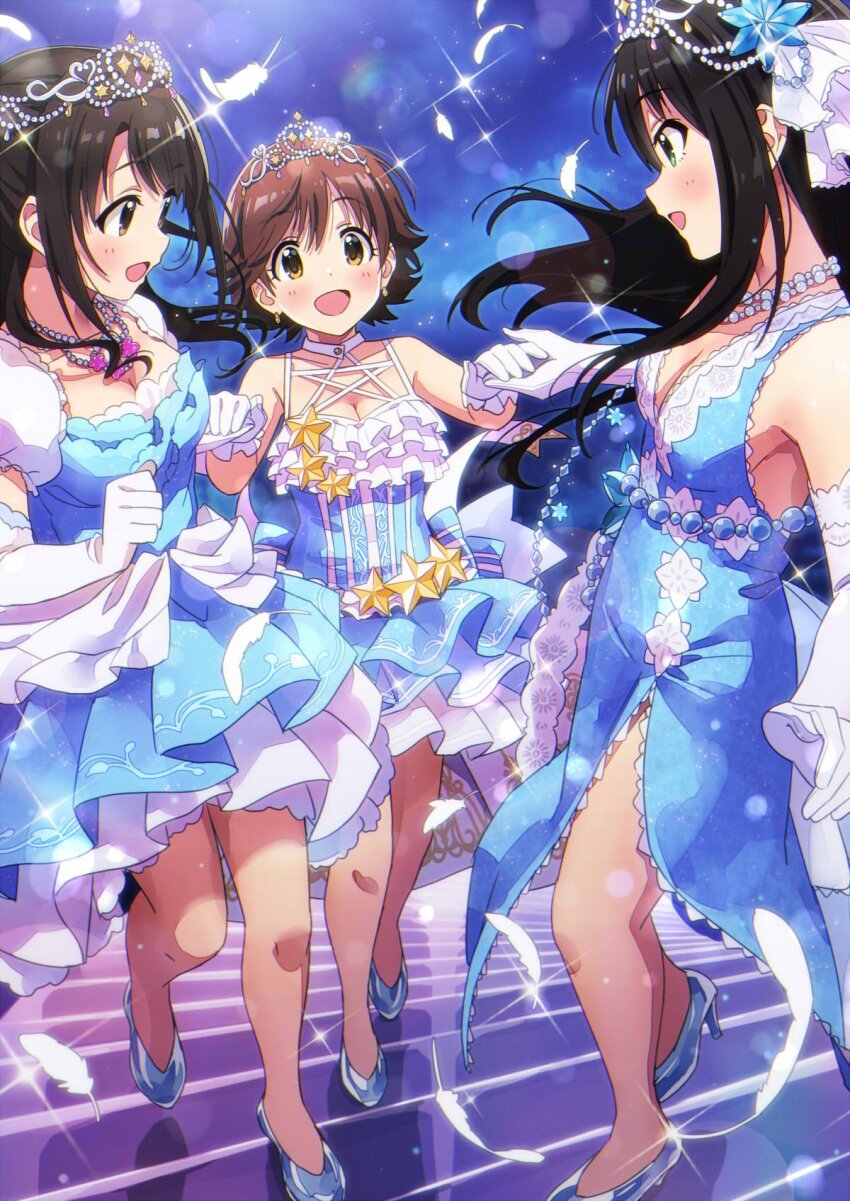 3girls bare_shoulders black_hair blue_dress blush breasts brown_eyes brown_hair cleavage collarbone dress earrings elbow_gloves feathers frilled_dress frills gem glass_slipper gloves green_eyes highres holding_hands honda_mio idolmaster idolmaster_cinderella_girls idolmaster_cinderella_girls_starlight_stage jewelry large_breasts layered_dress long_hair medium_breasts multiple_girls necklace new_generations_(idolmaster) open_mouth pearl_(gemstone) shibuya_rin shimamura_uzuki short_hair side_slit smile sonsoso star_(symbol) tiara white_gloves