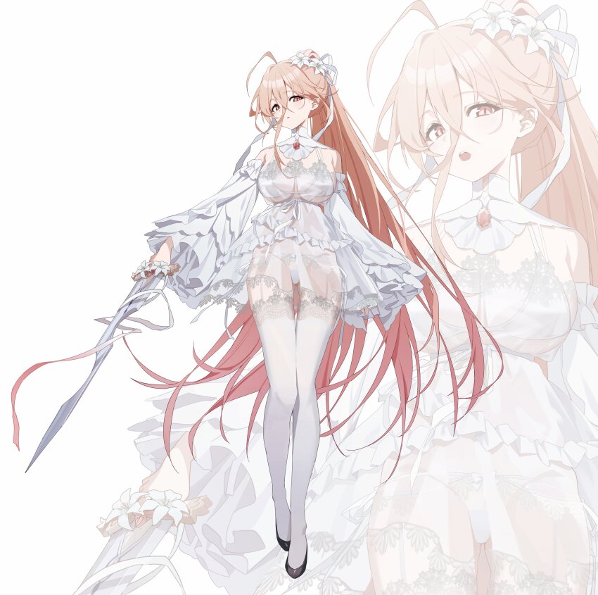 1girl absurdres ahoge black_footwear bra breasts cleavage commentary detached_sleeves dress flower full_body hair_between_eyes hair_flower hair_ornament high_side_ponytail highres holding holding_sword holding_weapon lace lace-trimmed_thighhighs lace_trim large_breasts long_hair long_hair_between_eyes looking_at_viewer nagul orange_hair original panties pink_eyes see-through_clothes see-through_dress simple_background solo standing sword thighhighs underwear very_long_hair weapon white_background white_bra white_dress white_flower white_panties white_thighhighs zoom_layer