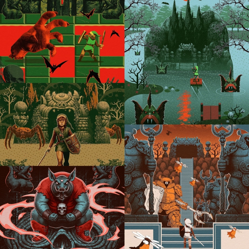 1boy armos bat_(animal) belt brown_hair bug creature demon dungeon elf fighting_stance fish forest frog ganon giant_hand golem green_headwear green_tunic highres holding holding_shield holding_sword holding_weapon keese link long_hair looking_at_viewer luis_melo monster nature nintendo peahat pointy_ears pond raft red_footwear river_zora shield skull spider stairs statue stone_statue wetland sword tektite the_legend_of_zelda the_legend_of_zelda_(nes) tunic wallmaster weapon