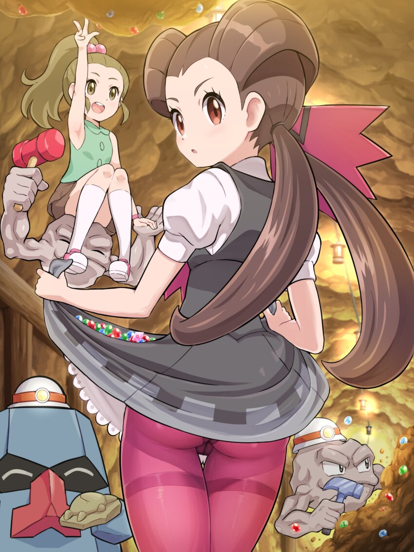 2girls ^_^ absurdres ascot ass ass_peek brown_eyes brown_hair closed_eyes dress fossil game_freak gem gen_1_pokemon gen_3_pokemon geodude grey_dress hammer highres holding holding_hammer long_hair looking_at_viewer looking_back mining mining_helmet multiple_girls nintendo nosepass panties panties_under_pantyhose pantyhose pantylines pink_ascot pink_pantyhose pokemoa pokemon pokemon_(creature) pokemon_oras ponytail roxanne_(pokemon) school_kid_(pokemon) skirt_basket skull_fossil teeth thigh_gap thighs twintails underground underwear upper_teeth_only