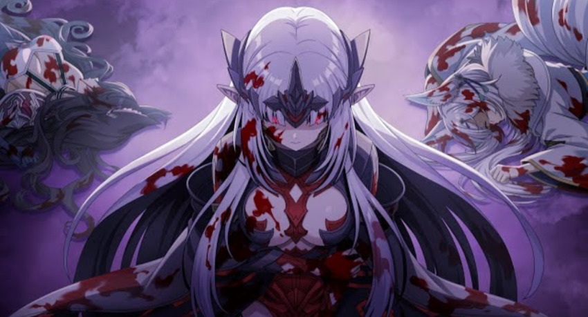 3girls betrayal blood blood_on_clothes blood_on_face blood_on_hands blood_splatter corpse death kage_no_jitsuryokusha_ni_naritakute! kage_no_jitsuryokusha_ni_naritakute!_master_of_garden multiple_girls oliver_(kage_no_jitsuryokusha_ni_naritakute)