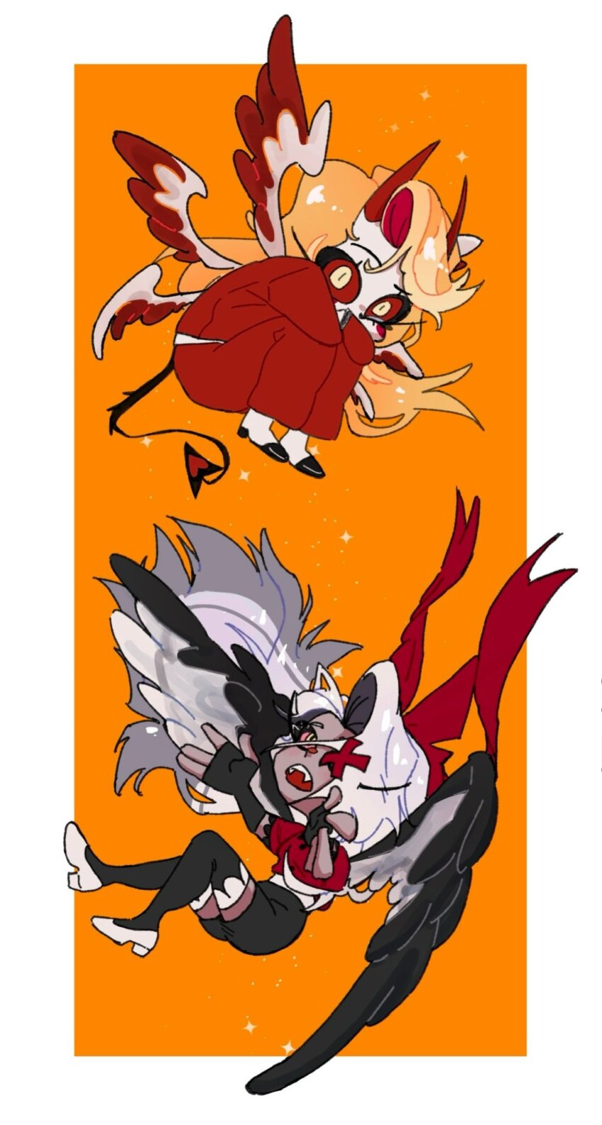 2girls angel_wings blonde_hair charlie_morningstar demon_girl demon_horns demon_wings hazbin_hotel highres horns long_hair looking_at_viewer multiple_girls red_eyes skirt vaggie white_hair wings zinzzalife