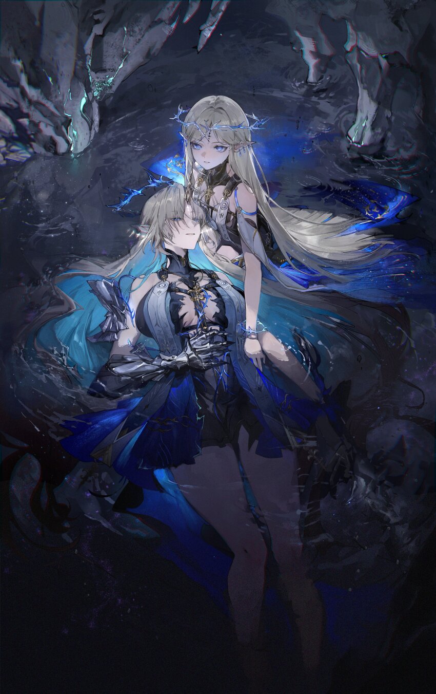 2girls absurdres armored_gloves bare_legs bare_shoulders black_collar black_dress blue_eyes blue_hair breasts cartethyia_(wuthering_waves) collar colored_inner_hair commentary crown_of_thorns dress dual_persona earrings fleurdelys_(wuthering_waves) hand_on_own_stomach highres horns jewelry large_breasts legs long_hair medium_breasts multicolored_hair multiple_girls necklace parted_lips partially_submerged pointy_ears secretfj520 single_horn tabard tacet_discord_(wuthering_waves) tacet_mark_(wuthering_waves) very_long_hair water white_tabard wuthering_waves yellow_horns