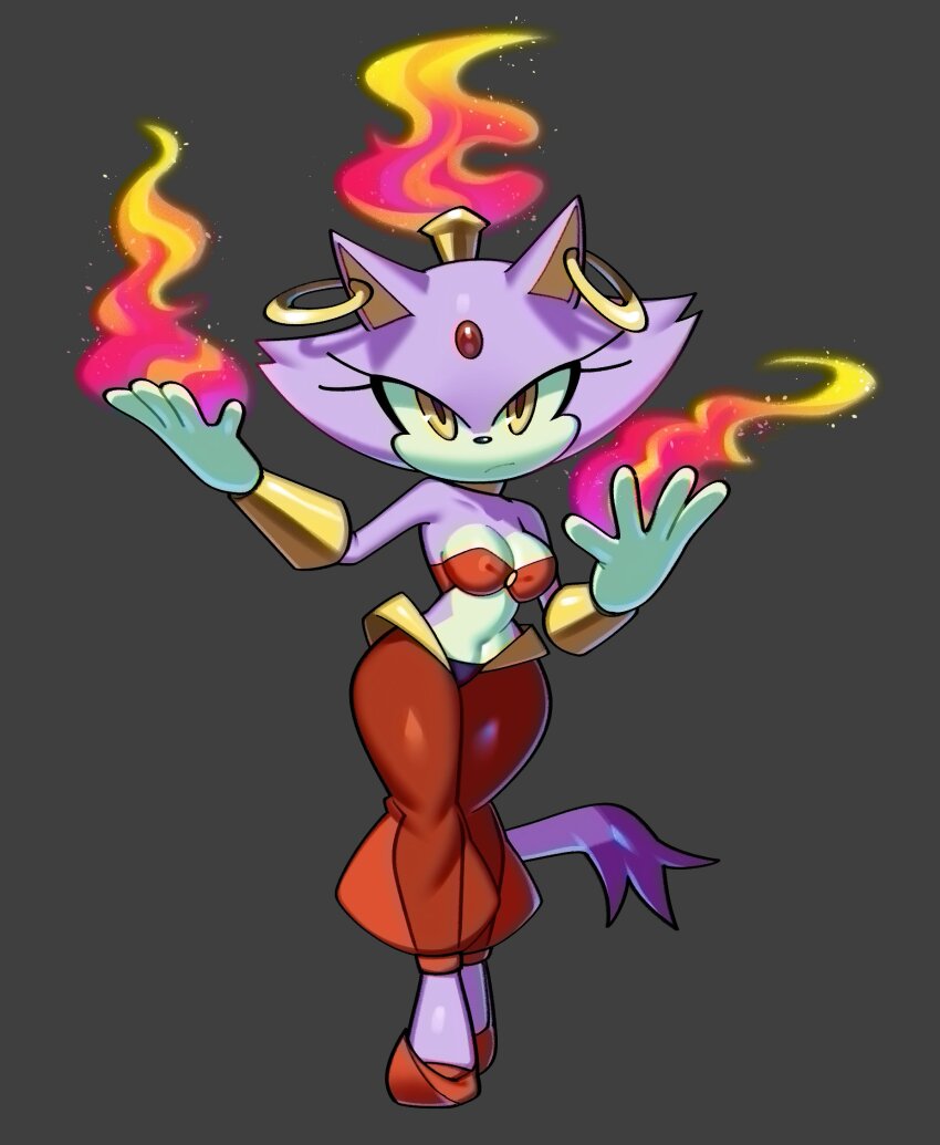 1girl animal_ears arabian_clothes blaze_the_cat bracer cat_ears cat_girl cat_tail cosplay earrings eyelashes fiinel fire forehead_jewel furry furry_female grey_background highres hoop_earrings jewelry looking_at_viewer midriff navel pants purple_fur red_pants shantae shantae_(cosplay) simple_background sonic_(series) tail white_fur