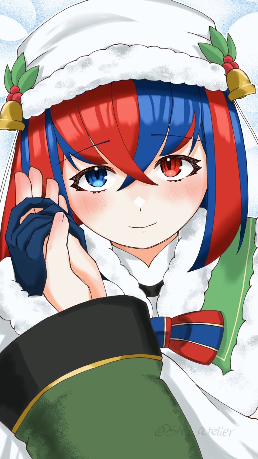 1girl female_alear_(fire_emblem) female_alear_(gifted_dragons)_(fire_emblem) blue_eyes blue_gloves blue_hair boucheron_(fire_emblem) christmas crossed_bangs fire_emblem fire_emblem_engage fire_emblem_heroes fur-trimmed_headwear fur_trim fur_wrist_cuffs gloves hair_between_eyes heterochromia highres long_hair looking_at_viewer multicolored_hair nintendo official_alternate_costume pov red_eyes red_hair shii_atelier smile split-color_hair two-tone_hair wrist_cuffs