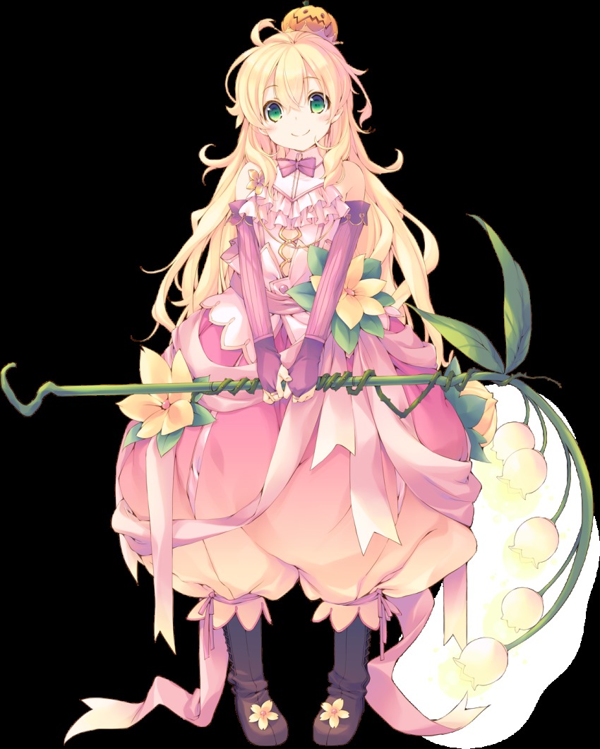 1girl aquaplus blonde_hair dungeon_travelers_2 erthuricia_vitor_de_ritzhevin female_focus flower full_body green_eyes highres holding holding_weapon jack-o&#039;-lantern kokonoka long_hair looking_at_viewer official_art pumpkin smile solo staff transparent_background weapon